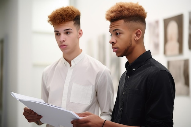 Foto de dois jovens discutindo a papelada enquanto estão em uma galeria criada com IA generativa