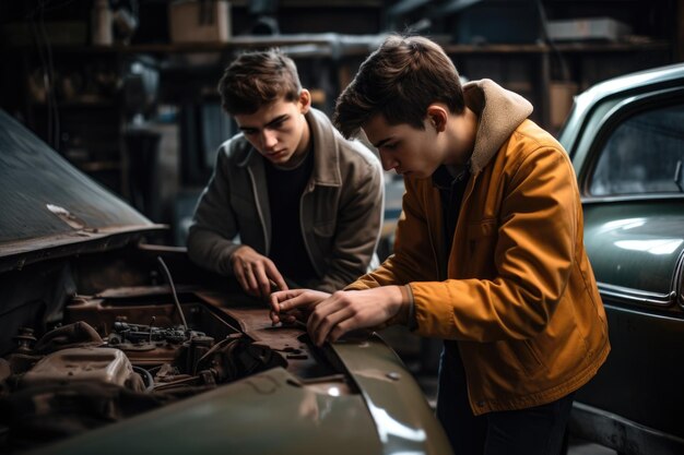 Foto de dois jovens trabalhando em um carro clássico criado com IA generativa