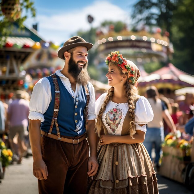 foto de dois povos tradicionais da Baviera em um traje tradicional da Baviera em um parque de diversões durante o dia