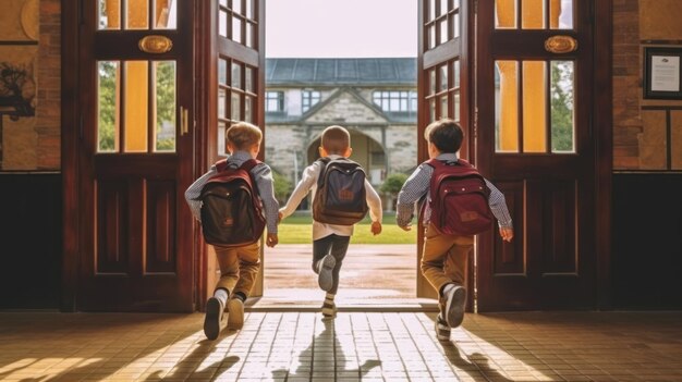 Foto de dois rapazes a correr para a escola.