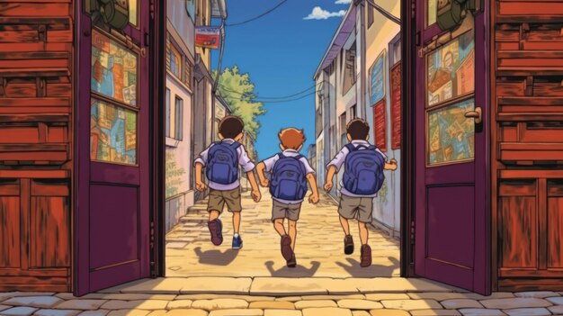 Foto de dois rapazes a correr para a escola.