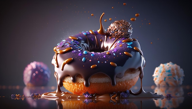 Foto de Donut com cobertura de chocolate na renderização 3d de fundo escuro