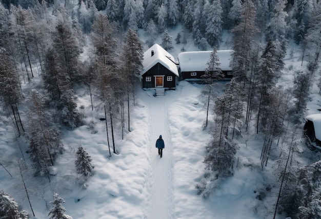 Foto de drone de um homem em cabanas de inverno na Suécia