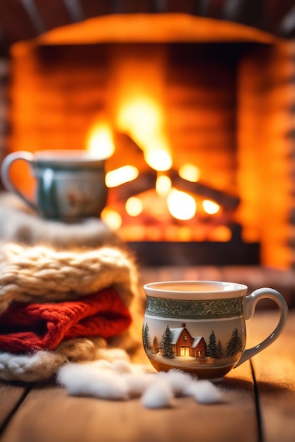 Foto foto de duas canecas para chá ou café perto de uma lareira aconchegante em uma casa de campo nas férias de inverno
