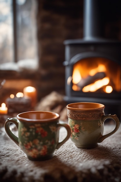 Foto de duas canecas para chá ou café perto de uma lareira aconchegante em uma casa de campo nas férias de inverno