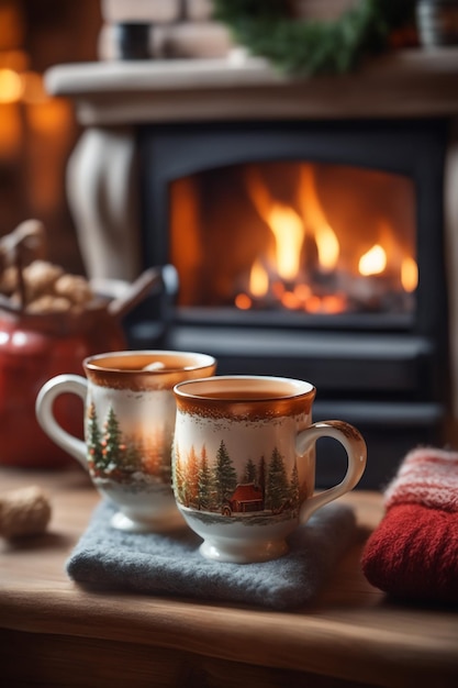 Foto de duas canecas para chá ou café perto de uma lareira aconchegante em uma casa de campo nas férias de inverno