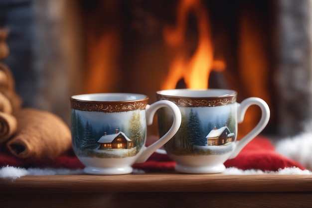 Foto de duas canecas para chá ou café perto de uma lareira aconchegante em uma casa de campo nas férias de inverno