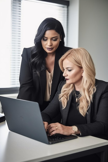 Foto de duas empresárias trabalhando juntas em um laptop em um escritório criado com IA generativa