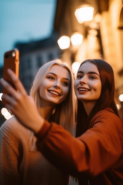 Foto foto de duas jovens conversando enquanto tiram selfies em um telefone