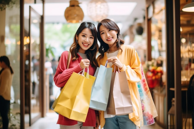 Foto de duas mulheres asiáticas segurando um saco de papel colorido sorrindo e feliz depois das compras