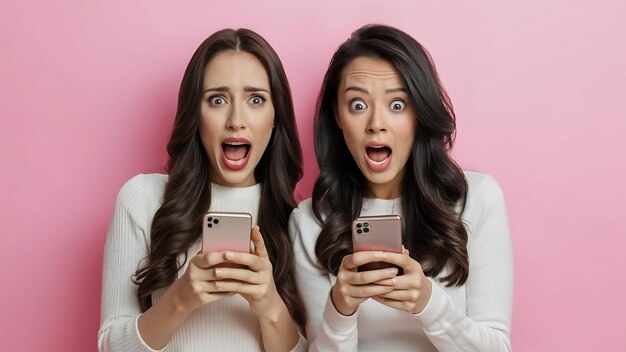 Foto foto de duas mulheres bastante chocadas segurando smartphones e olhando para a câmera sobre rosa