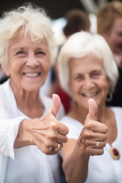 Foto de duas mulheres irreconhecíveis mostrando os polegares para cima em um evento