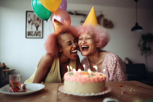 Foto de duas mulheres se divertindo enquanto comemoram o aniversário de outra pessoa criada com IA generativa