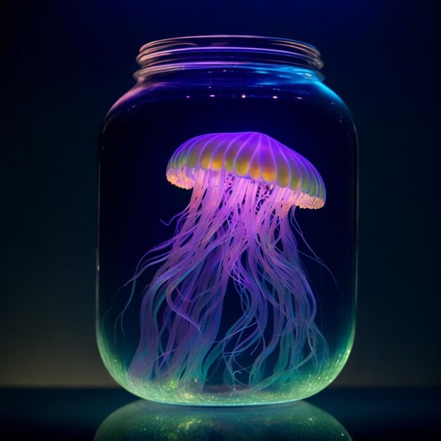 Foto de dupla exposição de água-viva com brilho iridescente dentro de uma jarra
