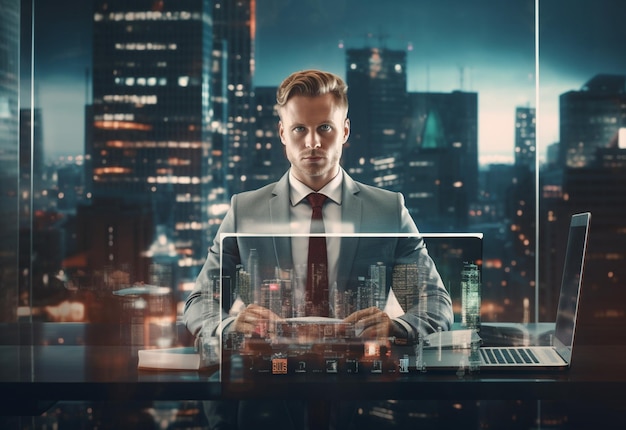 foto de dupla exposição de um homem de negócios usando laptop em sua mesa, vista frontal do fundo do escritório