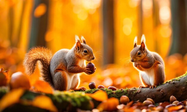 Foto de esquilos recolhendo bolotas em uma floresta de outono