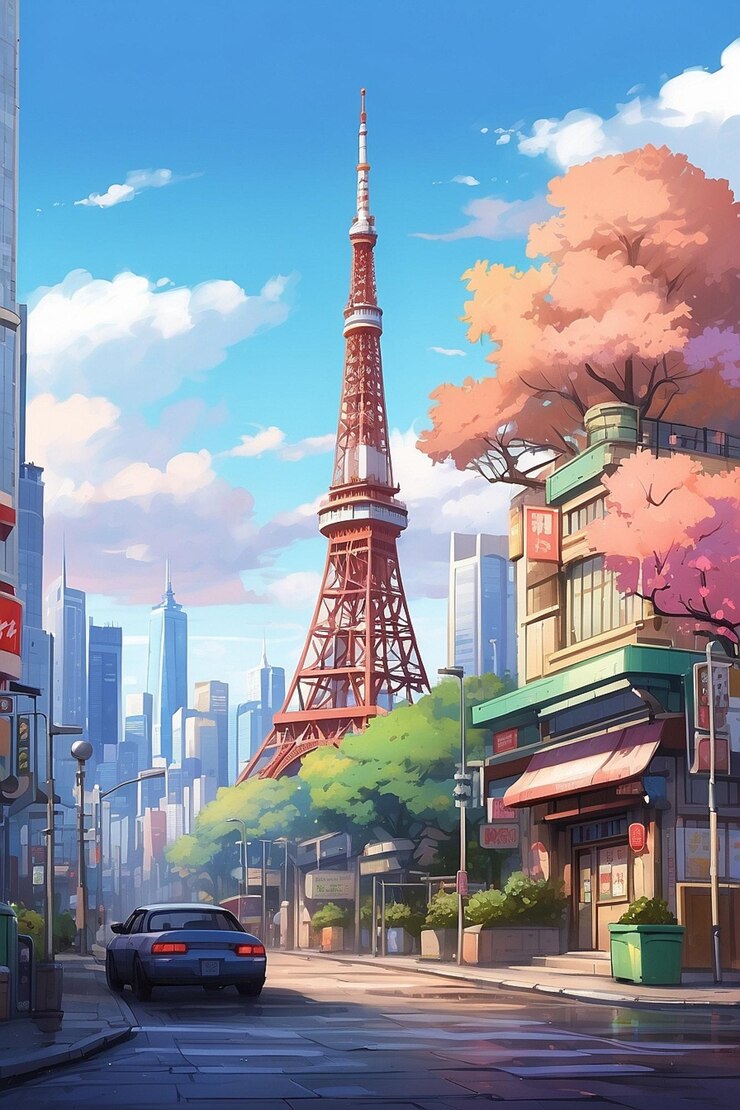Foto foto de esquina de rua com a torre de tóquio em vista