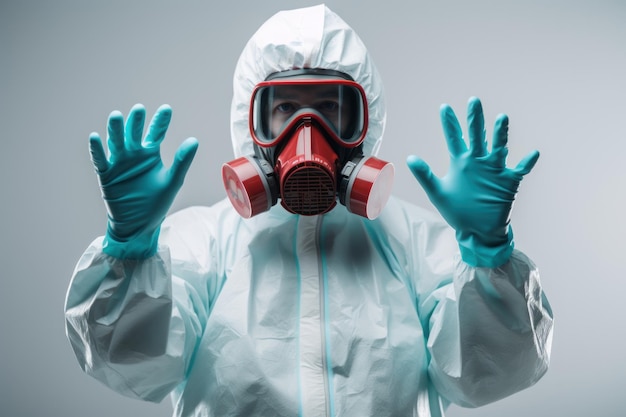 Foto de estilo retrato de uma pessoa vestindo um terno de materiais perigosos usando luvas químicas IA geradora
