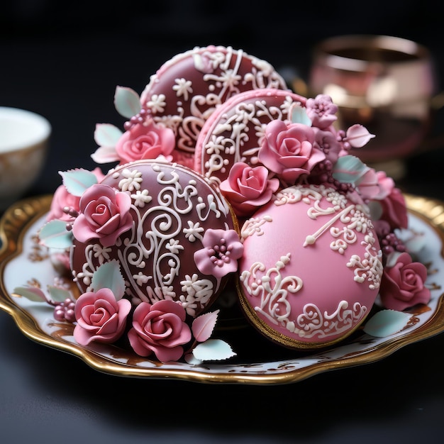 Foto foto de estoque de biscoitos cobertos de rosas cor-de-rosa e vermelhas