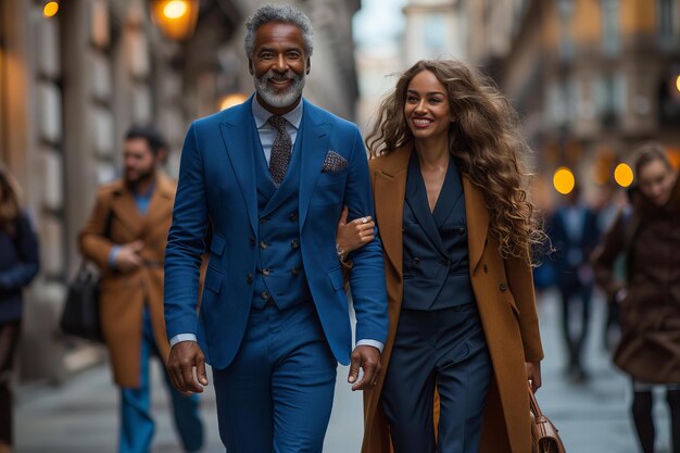 Foto foto de estoque de um homem bonito de terno azul e calças caminha com uma mulher elegante vestindo p escuro