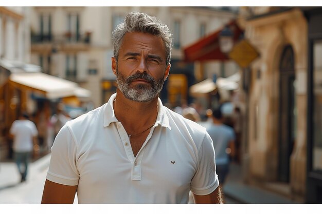 Foto foto de estoque do homem bonito vestindo uma camisa polo branca romântica e chinos creme na rua movimentada