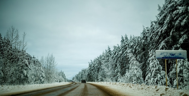 Foto de estrada de inverno com árvores na neve durante o dia