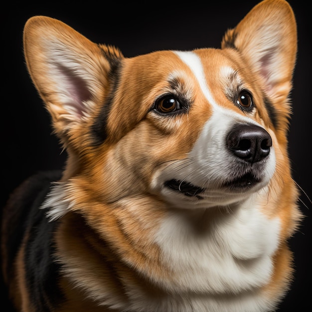 Foto de estúdio com um lindo retrato de cachorro pembroke welsh corgi com curiosidade e olhar inocente como conceito de animal de estimação doméstico feliz moderno em detalhes hiper realistas arrebatadores por Generative AI