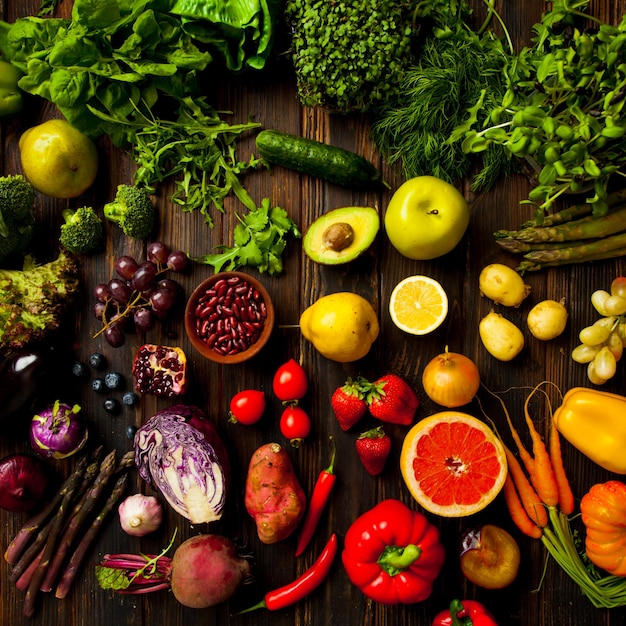 Foto de estúdio de alta qualidade plana de grupo de legumes frescos e frutas na superfície de madeira escura Alimentos crus para nutrição saudável