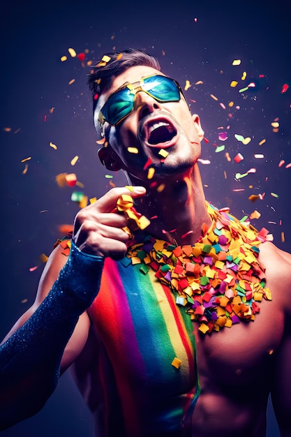 Foto de estúdio de jovem com cabelo comprido, arco-íris lgtb nu com flâmulas e pó holi flutuando em fundo escuro Conceito de festa celebração do arco-íris imagem gerada por lgtbi gayAI