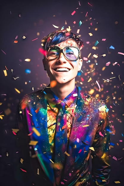 Foto de estúdio de jovem com camisa de arco-íris lgtb de cabelo comprido com flâmulas e pó holi flutuando ao seu redor em fundo escuro Conceito de festa celebração do arco-íris lgtbi gayAI imagem gerada