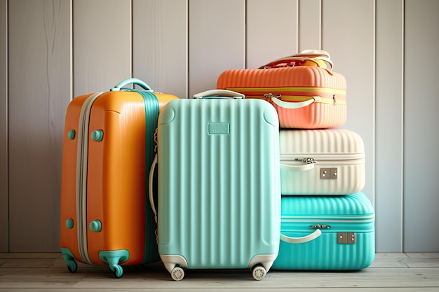 Foto de estúdio de malas e bolsas empilhadas em um fundo branco de madeira pronto para férias