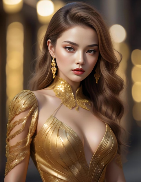 Foto de estúdio de moda de uma mulher linda com cabelos escuros em um luxuoso vestido dourado