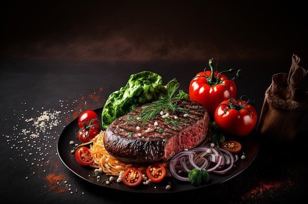 Foto de estúdio de produto de bife bovino fundo preto escuro Salada de tomate fresco com cebola Ilustração generativa de IA