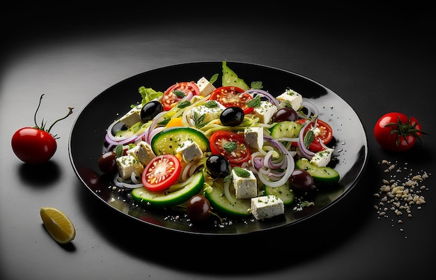 Foto de estúdio de produto de salada grega fundo preto escuro Salada fresca de tomate e cebola Ilustração generativa de IA