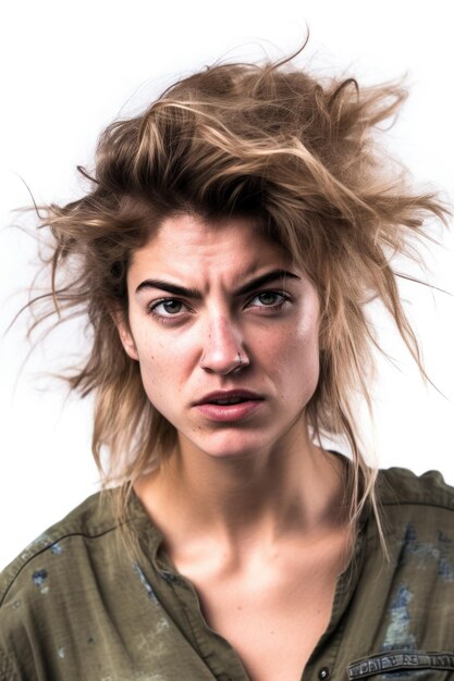 foto de estúdio de uma jovem elegante com cabelo bagunçado, isolada no branco, criada com IA generativa