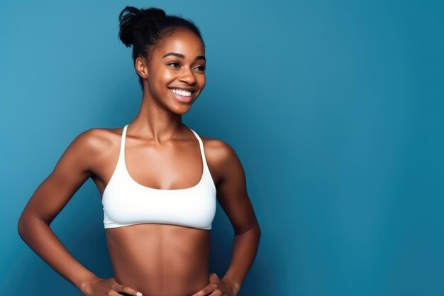 Foto de estúdio de uma jovem em forma posando contra um fundo azul criado com IA generativa