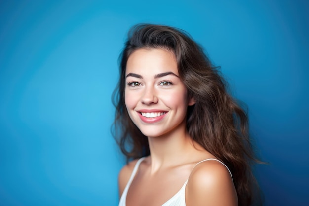 Foto de estúdio de uma jovem positiva contra um fundo azul criado com IA generativa