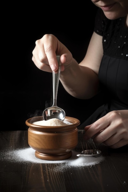 Foto de estúdio de uma mulher adicionando açúcar ao café com uma colher de chá criada com IA generativa