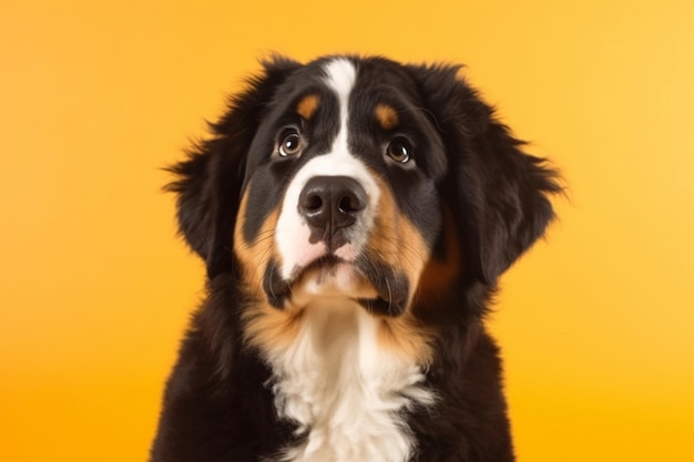 Foto de estúdio do filhote de cachorro berner sennenhund em fundo amarelo do estúdio