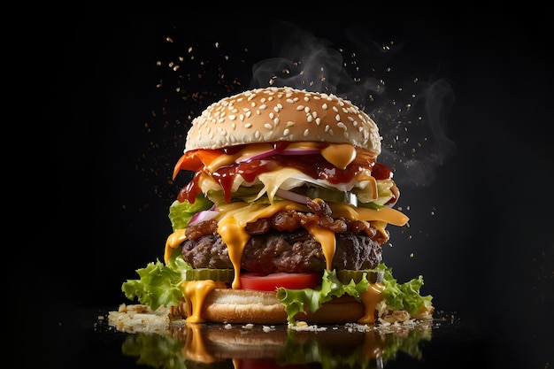 Foto de estúdio Gourmet Hot Burger Showcase em fundo preto