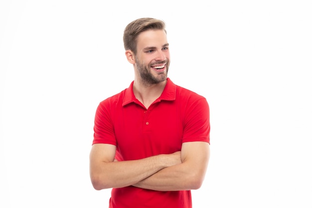 Foto de estúdio positiva de homem com barba por fazer jovem com barba por fazer isolada no fundo branco