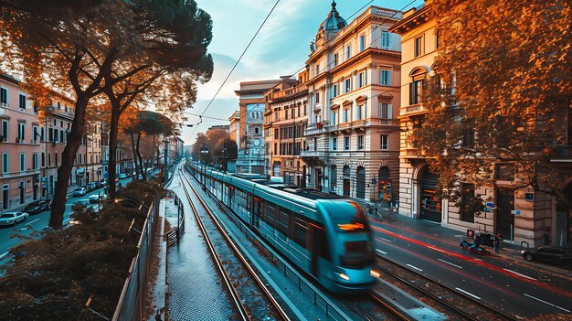 Foto foto de exposição longa de ângulo largo metrô dirigindo pela cidade