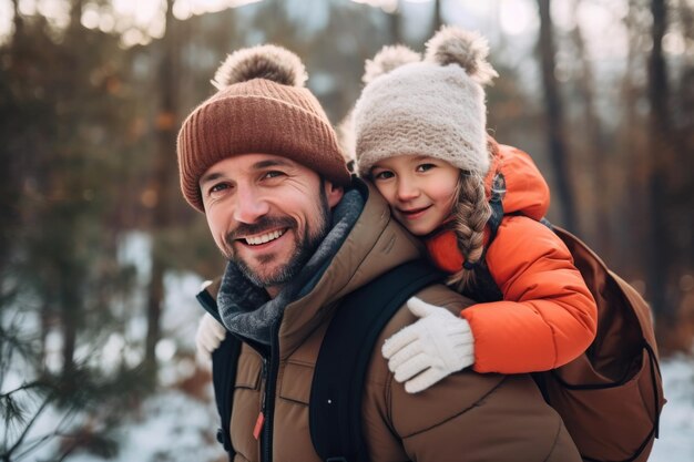 Foto de família alegre mamãe papai filha piggyback sorriso positivo feliz olhar um para o outro viagem de inverno ao ar livre