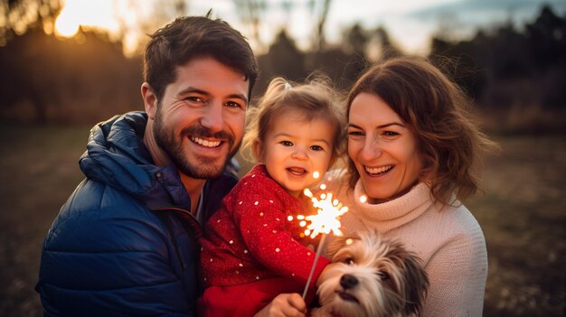 Foto foto de família feliz comemorando o ano novo com sparkler no dia de ano novo