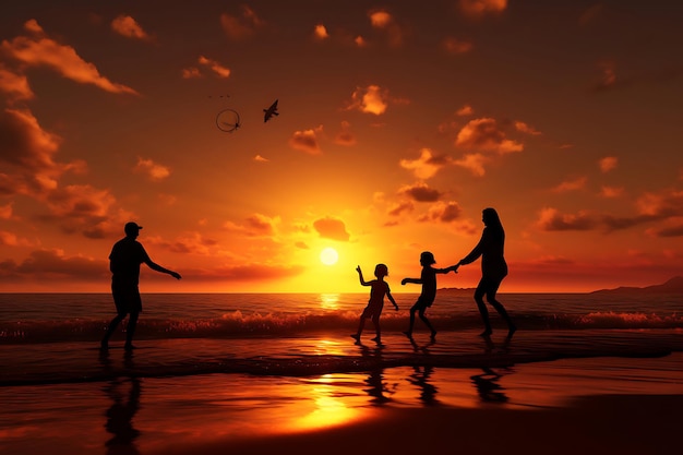 Foto de família jogando jogos de praia enquanto o sol se põe