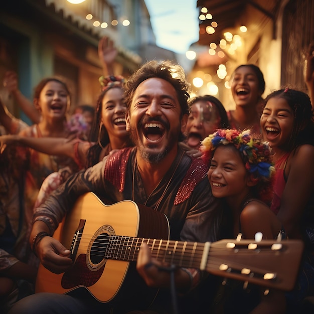 Foto de famílias colombianas se engajando na tradição de La Parranda The Festive Colombia Vibrant