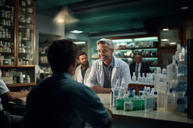 Foto de farmacêuticos a servir os clientes na sua farmácia