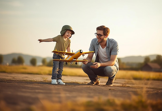 Foto de filho fofo e pai brincando com avião na natureza