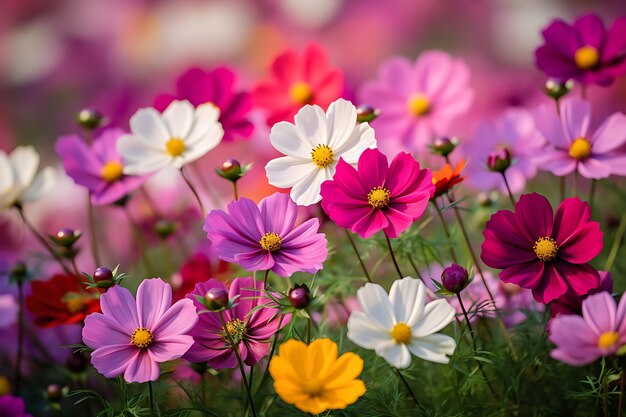 Foto de flores do cosmos vibrantes em um jardim de casas de campo Jardim de flores