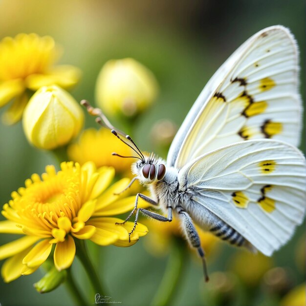 foto de foco superficial de uma borboleta em uma flor amarela AI GENERADO